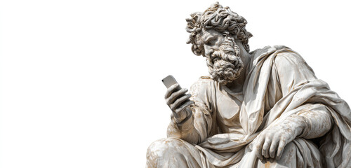 Marble statue of an ancient greek god with a beard and curly hair, holding a modern smartphone with detailed textured surface, classical style sculpture