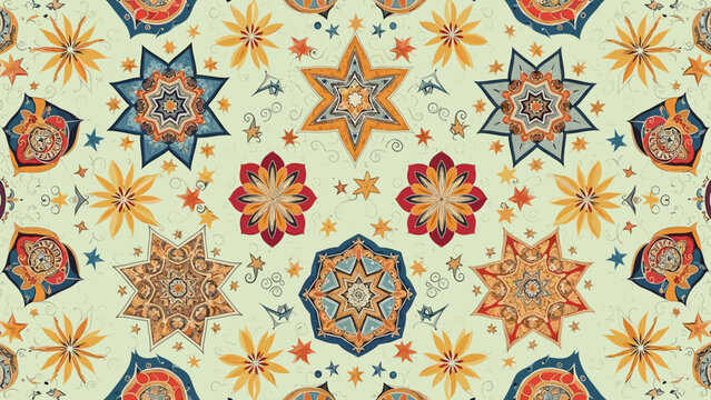 Vibrant star pattern background with colorful mandalas