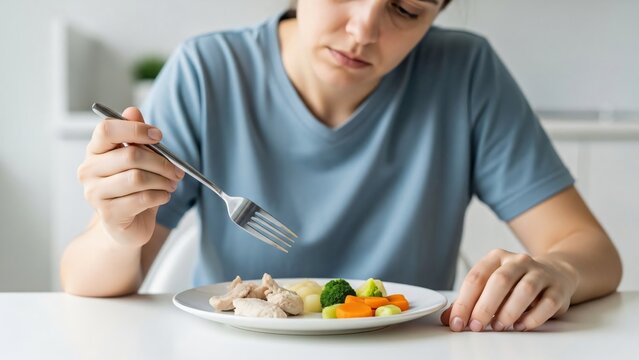 Poor Appetite as Health Symptom, Patient Holding Fork Above Untouched Plate, Clinical Lifestyle Tone