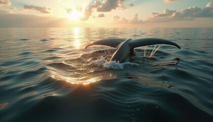 Majestic whale tail emerging from ocean surface at sunset with sun rays and clouds. Whale Day 