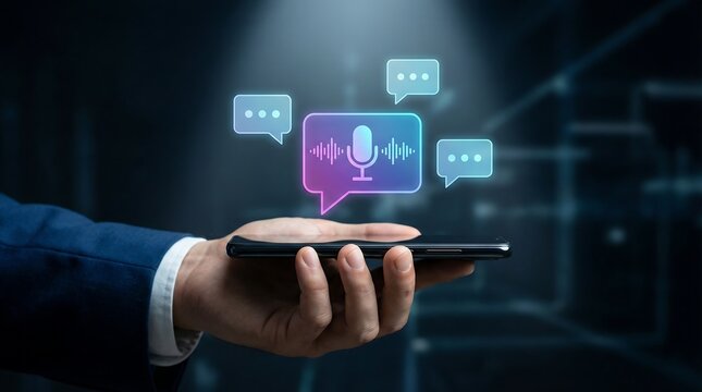 A hand confidently holds a smartphone displaying a vibrant voice assistant icon surrounded by message bubbles, symbolizing modern conversational AI.