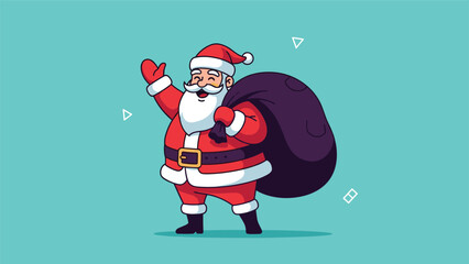 A joyful and friendly Santa Claus character waving with a big smile while carrying a large sack full of Christmas presents.