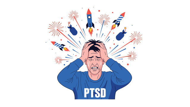 Man with PTSD clutching his head in distress as fireworks, rockets, and bombs explode around him, triggering his trauma.
