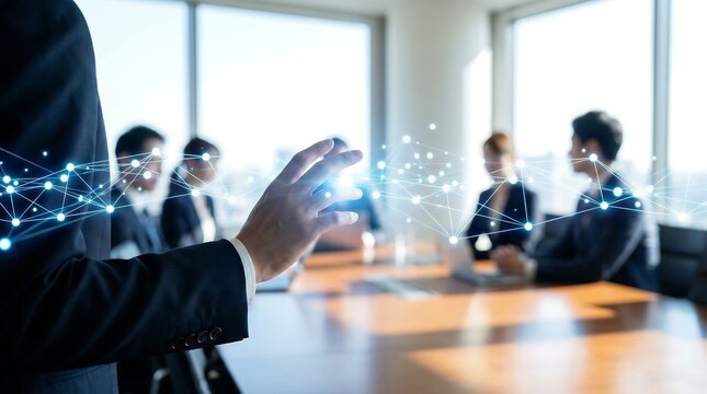 A close-up of a businessman's hand gesturing over a blurred meeting room table, featuring an overlay of glowing network connections symbolizing digital integration and strategy. - Powered by Adobe