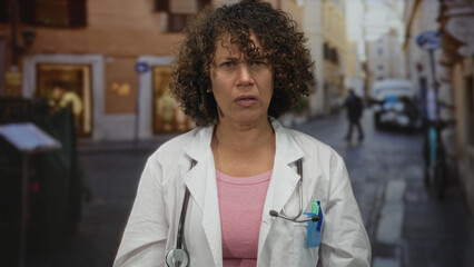 Middle age hispanic woman wearing white coat and stethoscope raises clenched fists on sunlit cobblestone street  excitement. © Krakenimages.com
