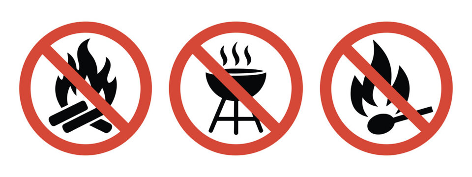 No open fire prohibition signs, red circular safety symbols showing no grilling and no matches warning icons.