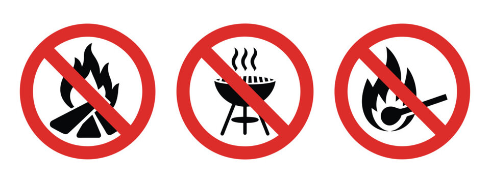 No open fire prohibition signs, red circular safety symbols showing no grilling and no matches warning icons.