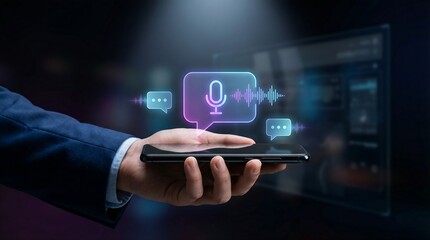 A close-up of a hand holding a sleek smartphone showcasing brilliant glowing voice assistant and message icons, set against a blurred background of a modern technology interface.