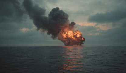 Massive explosion on ocean surface with fiery flames, thick black smoke, and turbulent water, capturing a dramatic maritime scene