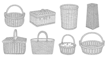 Collection of woven baskets in various shapes and sizes Vector