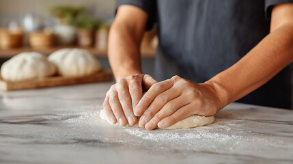 Close up of flour-covered knuckles pressing dough on a bakery counter with blurred bread loaves in the background during a baking session in a cozy kitchen