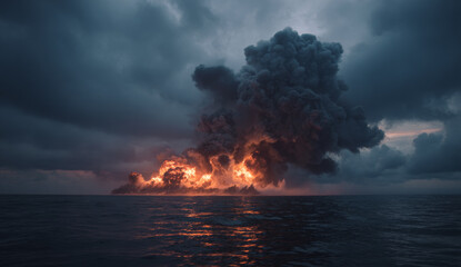 Massive explosion on ocean surface with thick black smoke and fiery glow during stormy weather