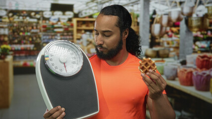 Man holding bathroom scale and waffle in building aisle of flower market, showing scale to...