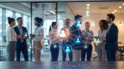 Diverse business professionals stand in a modern office environment, with an augmented reality overlay displaying a global social network and connection icons representing collaborative teamwork.