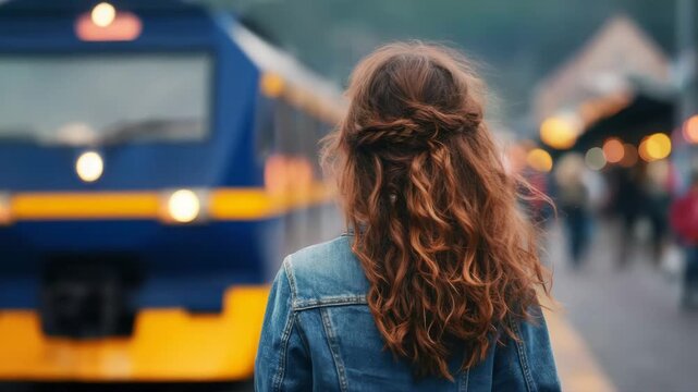 Woman with long brown hair waiting at train station platform
