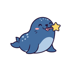 Fototapeta premium Cute Cartoon Seal Eating a Star Illustration