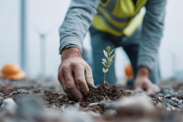 Close-up of a worker planting a small seedling in soil