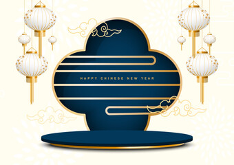 Chinese New Year 3D podium display with traditional ornamental elements. Vector illustration.