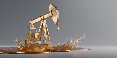 A golden oil pump, the symbol of the petroleum industry, drips oil, a valuable resource. The image symbolizes energy, industry, and the wealth it generates