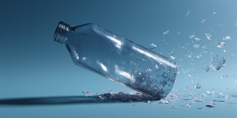 An image of a shattered glass bottle against a gradient blue background, symbolizing fragility and waste