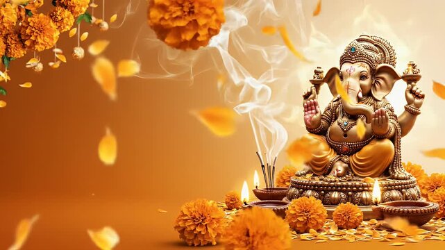 Glowing Ganesha Idol on Ganesh Chaturthi Festival Background with Floating Petals and Smoke