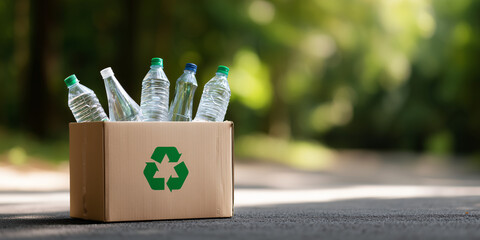 A cardboard box filled with plastic bottles ready for recycling, with a recycling symbol prominently displayed. The box is situated on a road or path with a blurred green background.