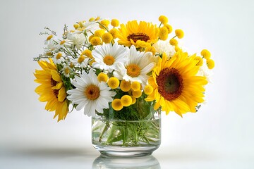 Vibrant bouquet of sunflowers and daisies in clear glass vase on white