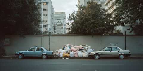 A pile of trash bags sits on the side of a road, flanked by cars and buildings. The image conveys a sense of urban clutter and waste management issues