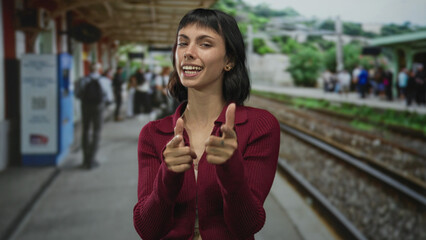 Fototapeta premium Woman points finger toward railway tracks at train station platform while smiling slightly; confidence.