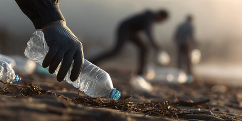 Eco-conscious individuals working together, collecting discarded plastic bottles, highlighting environmental protection. They show a dedication to preserve the Earth