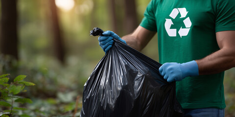 A person picking up litter in a forest, emphasizing the act of environmental conservation and the importance of preserving the natural world