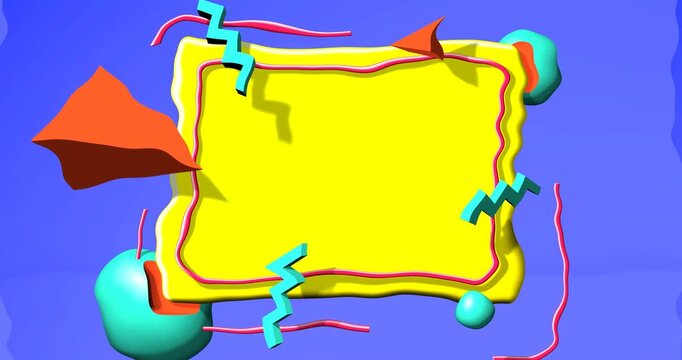 Abstract 90s styled frame with flying 3d objects and shapes
