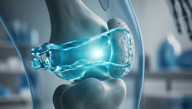 Human knee joint anatomy with highlighted cartilage and synovial fluid.