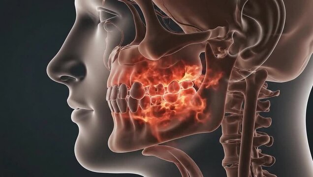Human jawbone with highlighted infected or inflamed area.