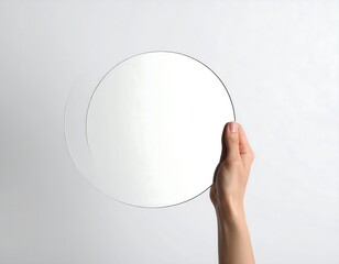 A hand holding a round mirror against a white background