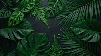 Obraz premium Lush Green Tropical Leaves Beautifully Arranged on a Dark Background