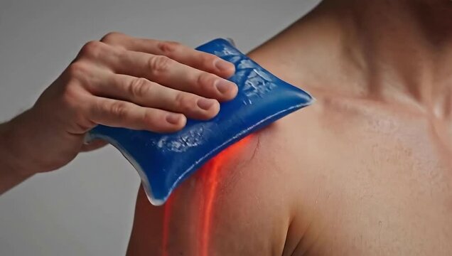 Man applying cold pack to shoulder for pain relief and injury treatment.