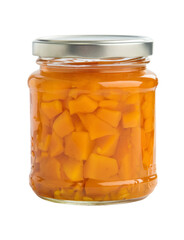 canned pumpkin pieces in jar, isolated on white background.