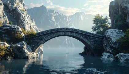 Pixelated Stone Arch Bridge Over Tranquil Water Surrounded by Rocky Mountains and Lush Greenery in a Blocky Artistic