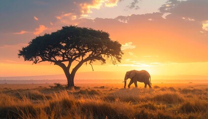 Fototapeta premium Pixelated Elephant Silhouette Under Orange Sunset Sky in African Savannah Landscape