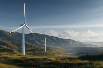 Wind turbines generating clean energy in a scenic landscape. The blades of the turbines spin against a backdrop of rolling hills and a blue sky