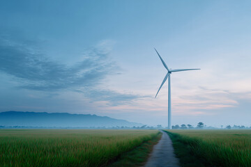 A serene shot captures a solitary wind turbine amidst a picturesque landscape, standing tall and generating clean energy.