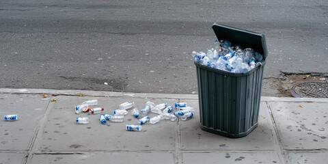 Overflowing waste bin full of water bottles on a city sidewalk, highlighting an environmental issue.