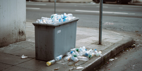 Overflowing garbage bin filled with plastic bottles. Environmental concerns depicted with urban street scene