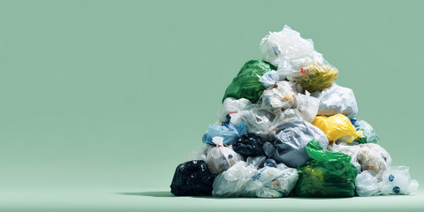 A collection of colorful plastic bags piled in a mountain shape on a pale green backdrop, symbolizing the environmental crisis. This shot highlights the impact of plastic pollution