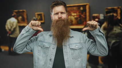 Man with long beard wearing denim jacket gestures thumbs to chest in building art gallery...