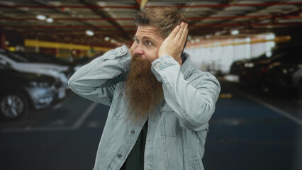 Man with long beard covers ears with both hands beside silver car under fluorescent lights in an...