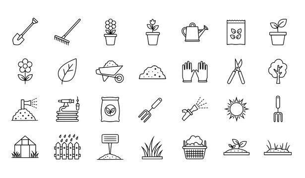 Monochrome gardening line icon vector set with plant care and tools