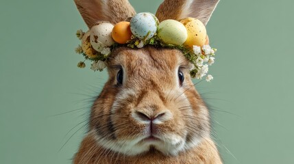 Adorable brown rabbit wearing an easter egg wreath on its head sitting against a soft pastel green background for spring holiday celebration