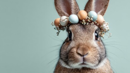 Adorable brown rabbit wearing an easter egg wreath on its head sitting against a soft pastel green background for spring holiday celebration